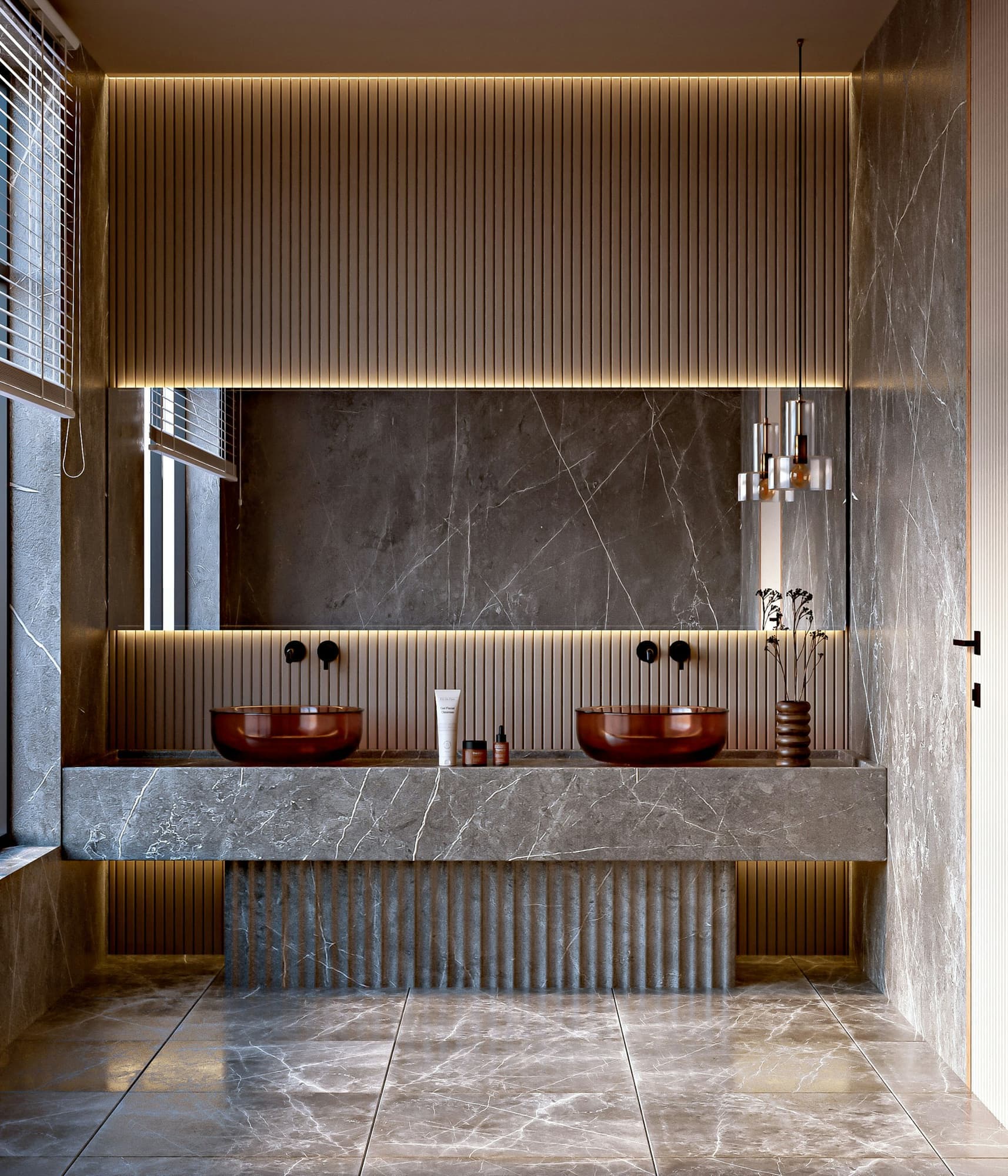 A dark marble bathroom counter