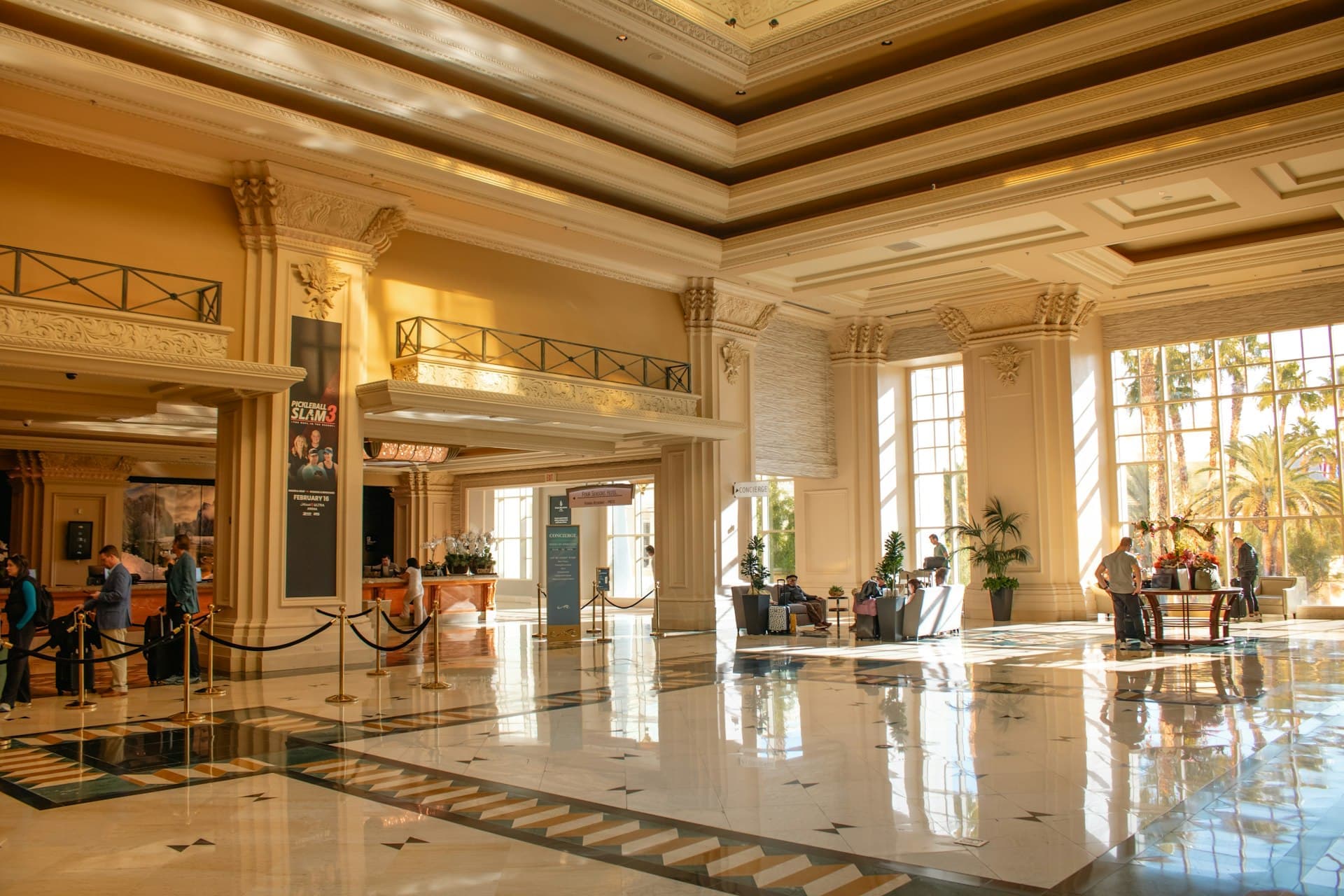A grand lobby with shining marble