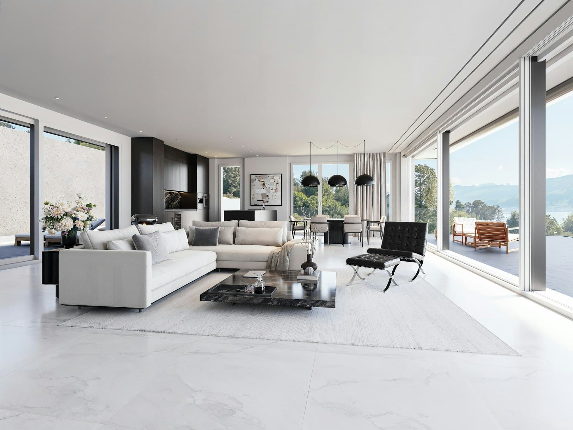 A bright living room with a glossy marble floor